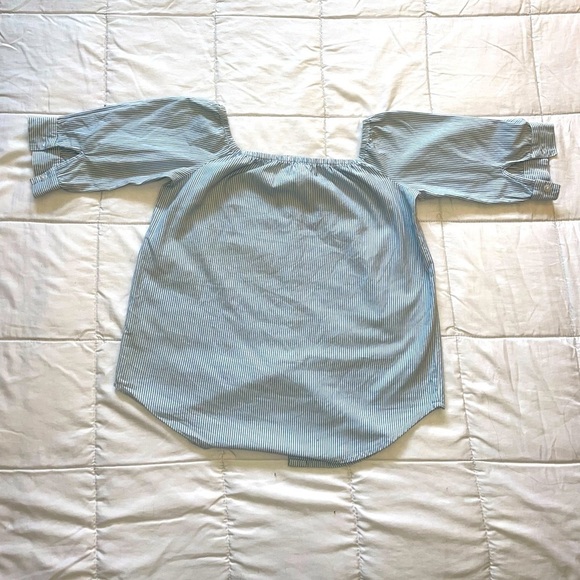 button up Puff Sleeve Square Neckline Ruched Bust Top | Colour: Blue/White - Picture 3 of 5